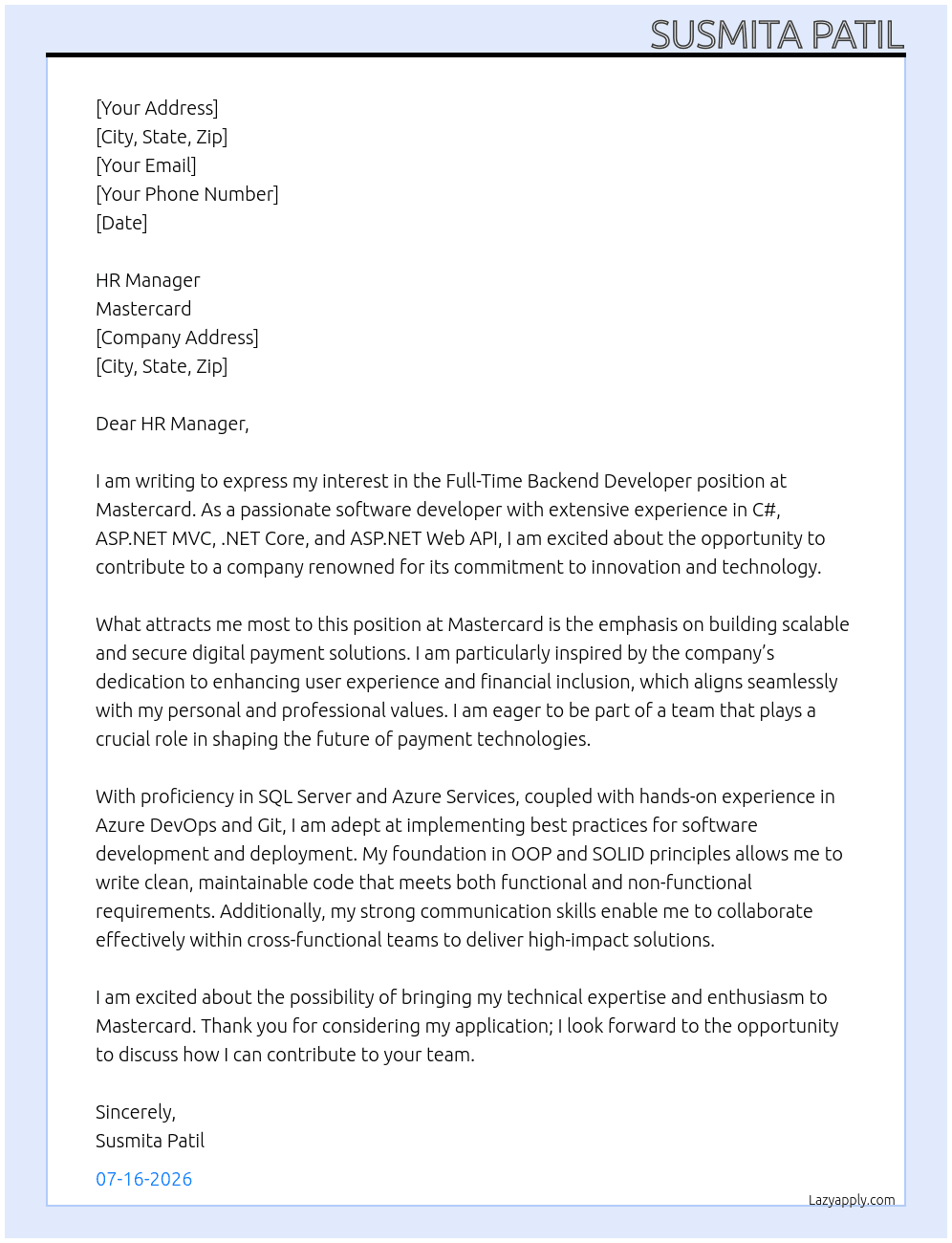 Cover letter for backend developer - LazyApply