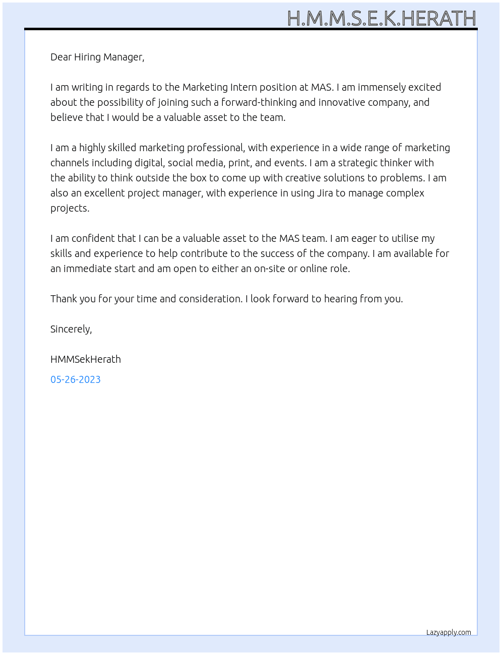 Marketing intern At MAS Cover Letter