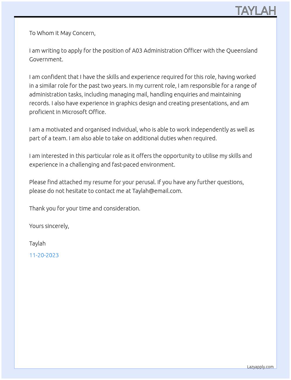 a03 administration officer At Queensland Government Cover Letter