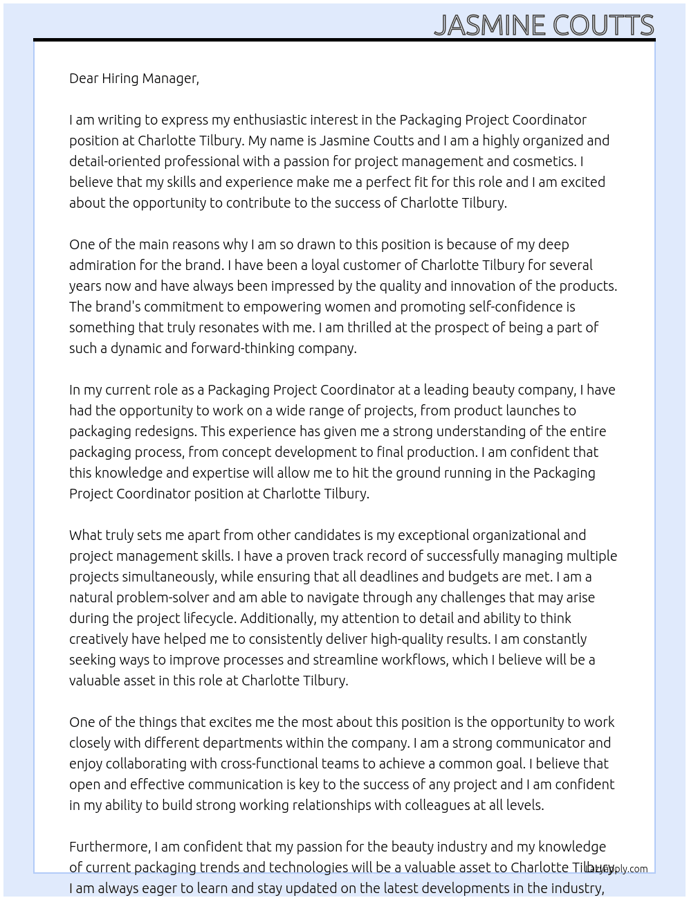 Packaging Project Coordinator At Charlotte tilbury Cover Letter