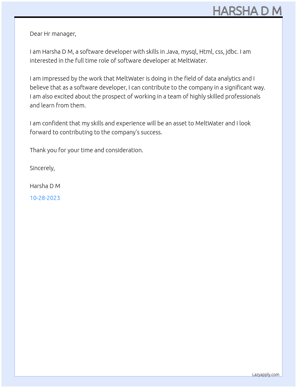 Software developer At MeltWater Cover Letter