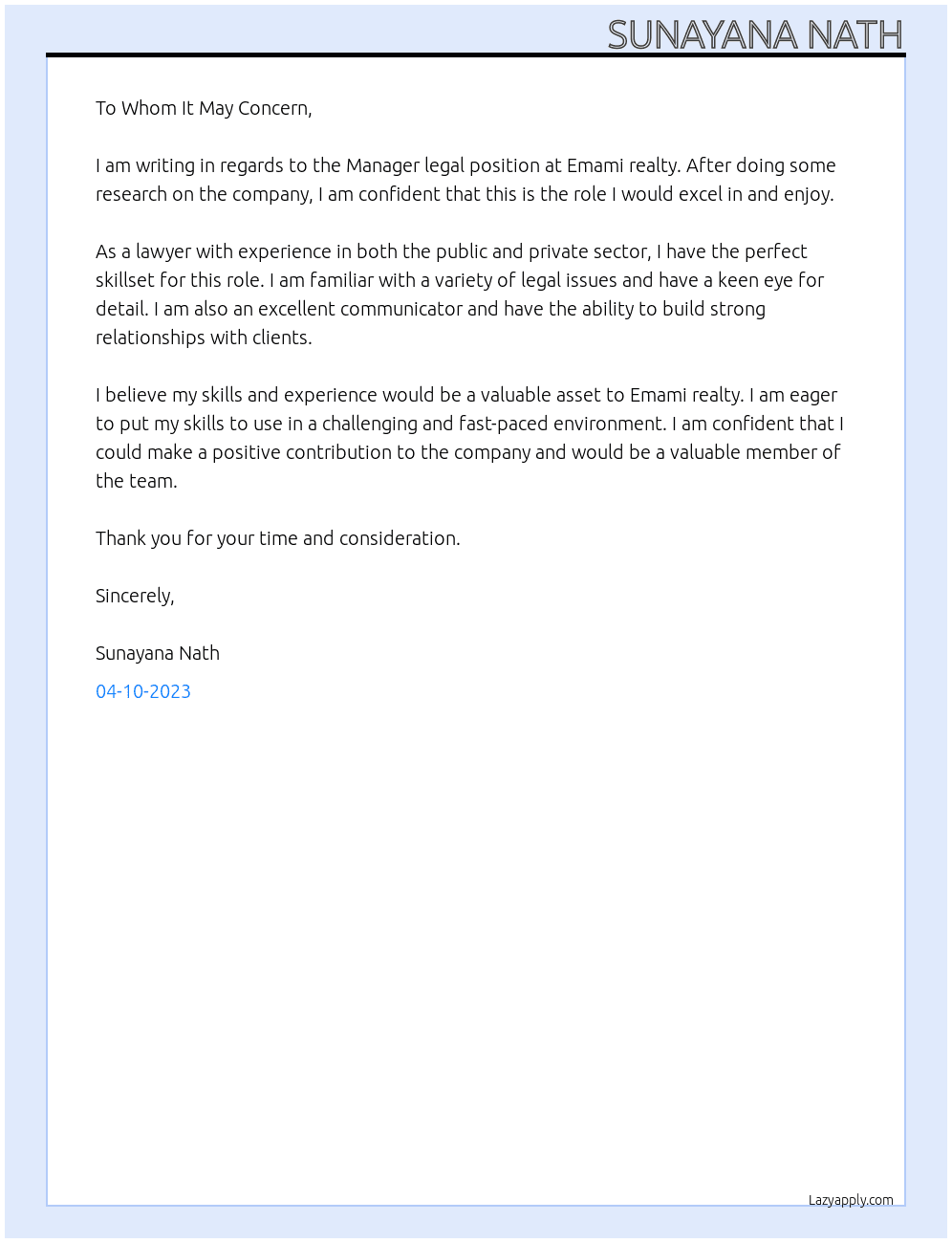 Manager legal At Emami realty Cover Letter