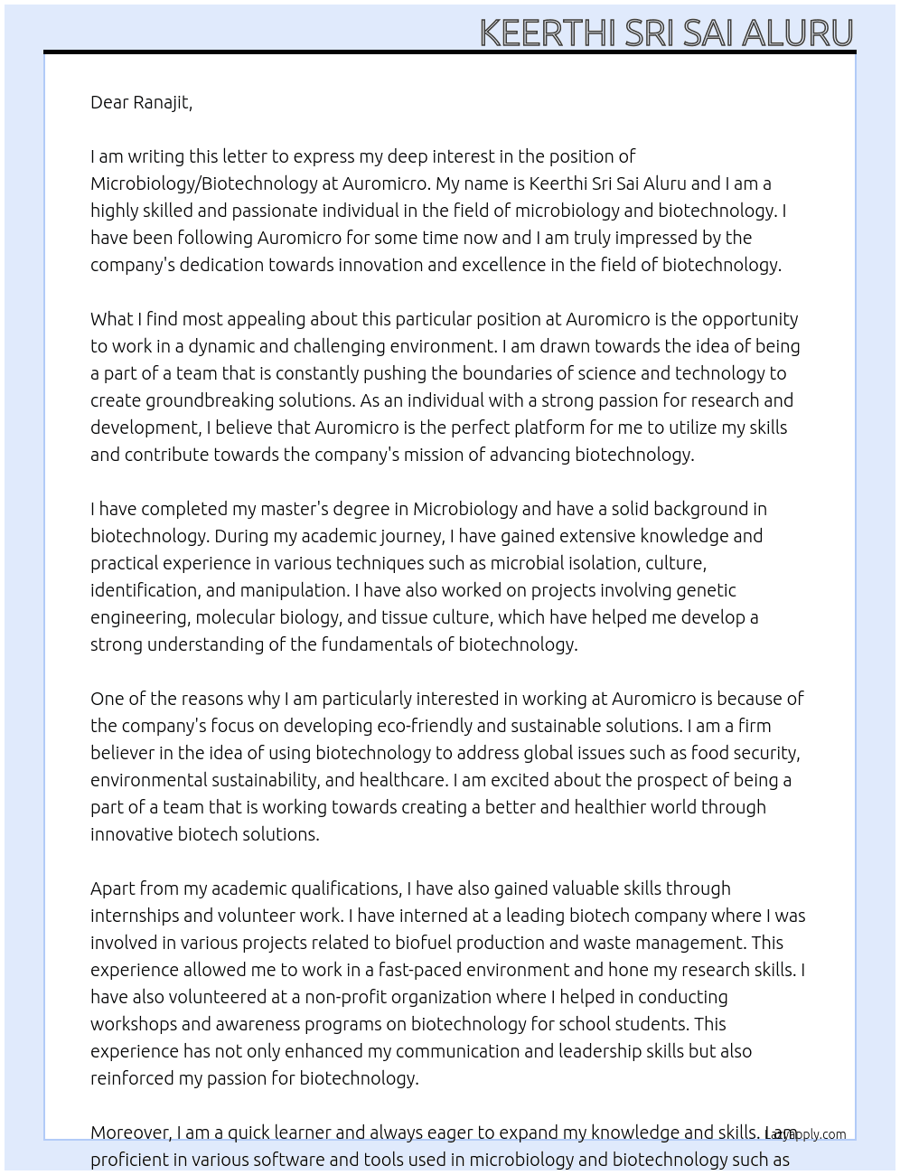 Microbiology/Biotechnology  At Auromicro Cover Letter