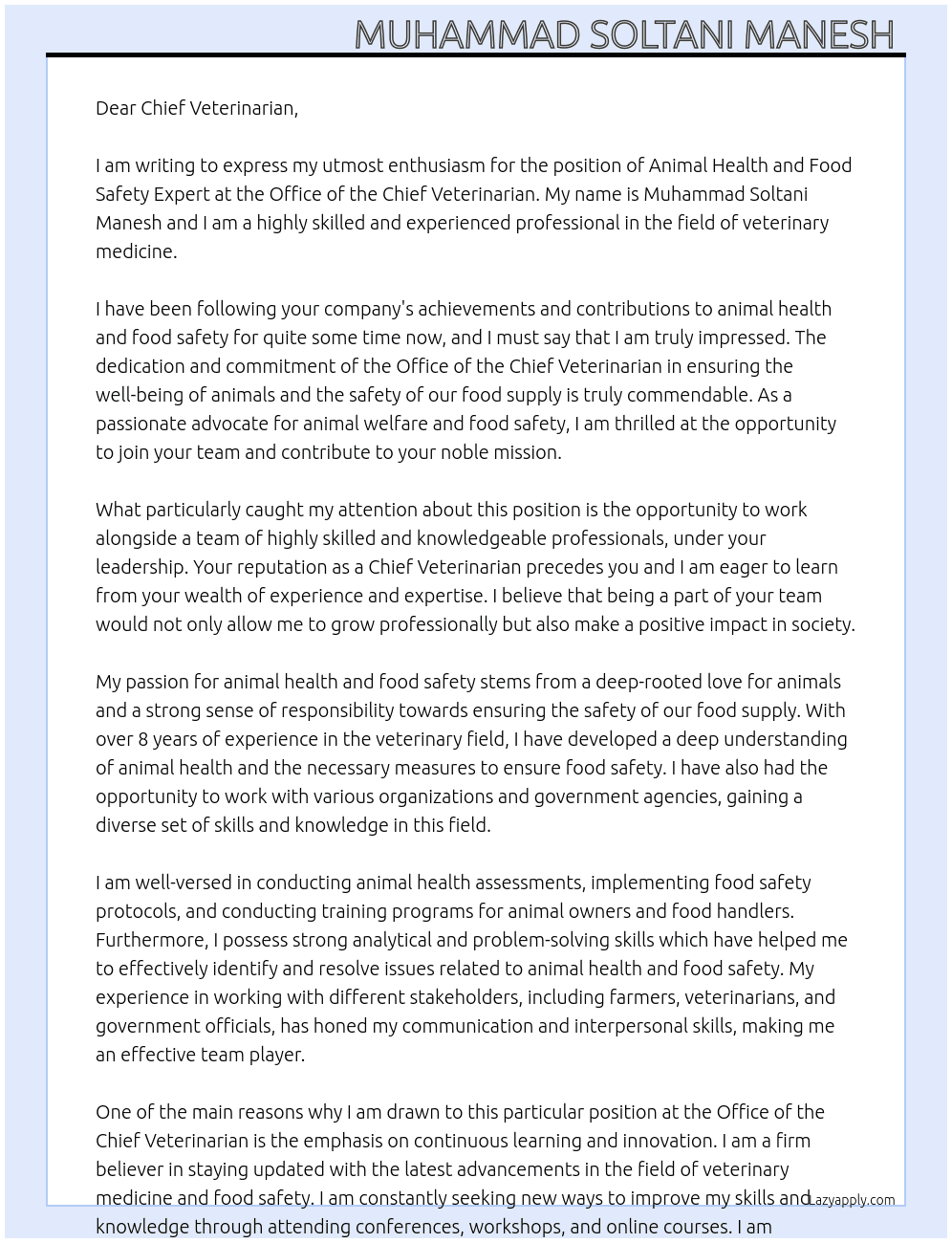 Animal health and food safety expert At Office of the Chief Veterinarian Cover Letter