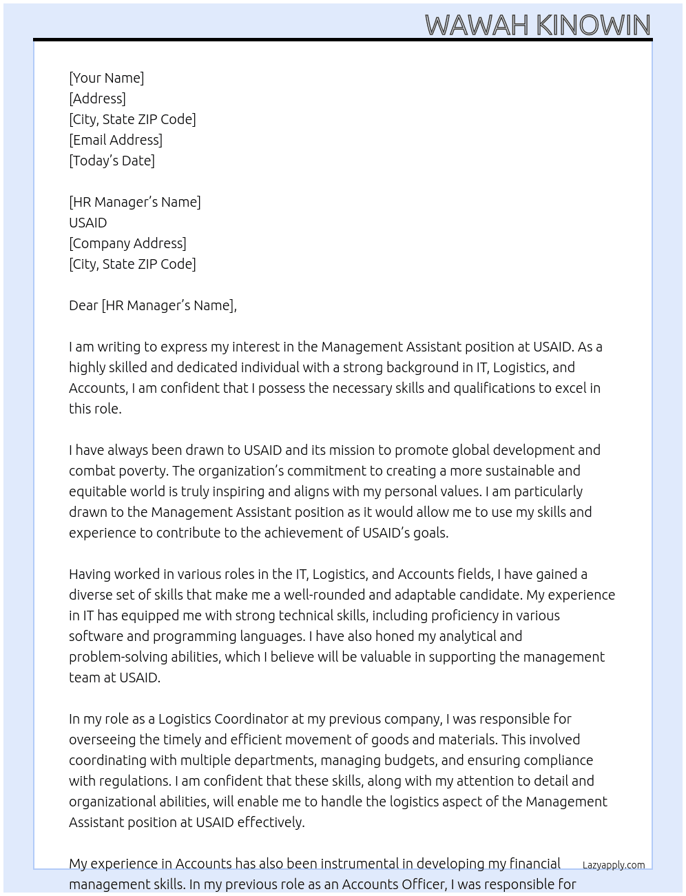 Management Assistant At USAID Cover Letter