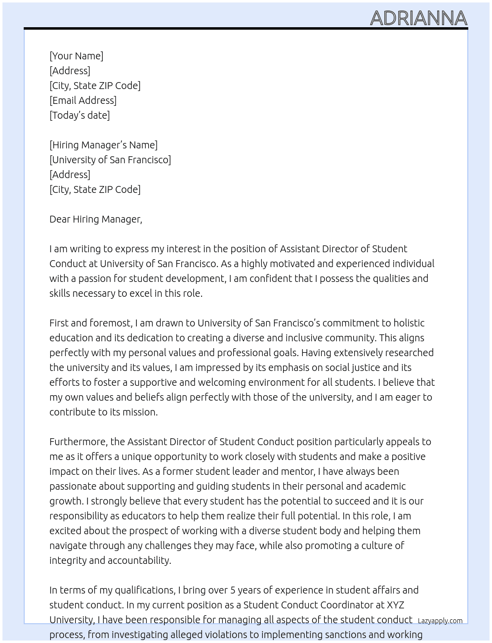 assistant director student conduct  At University of San Francisco Cover Letter