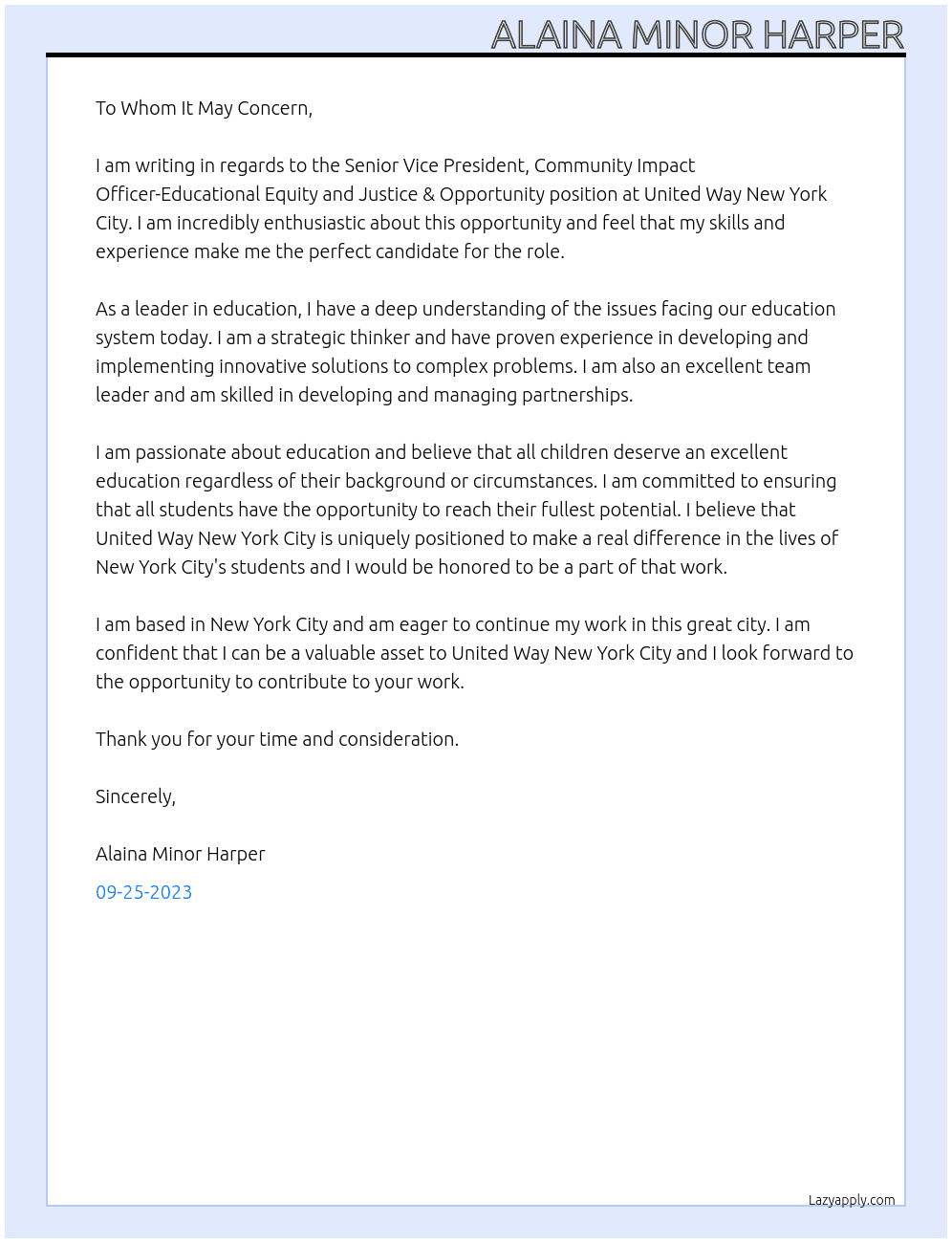 Senior Vice President, Community Impact Officer-Educational Equity and Justice & Opportunity At United Way New York City Cover Letter