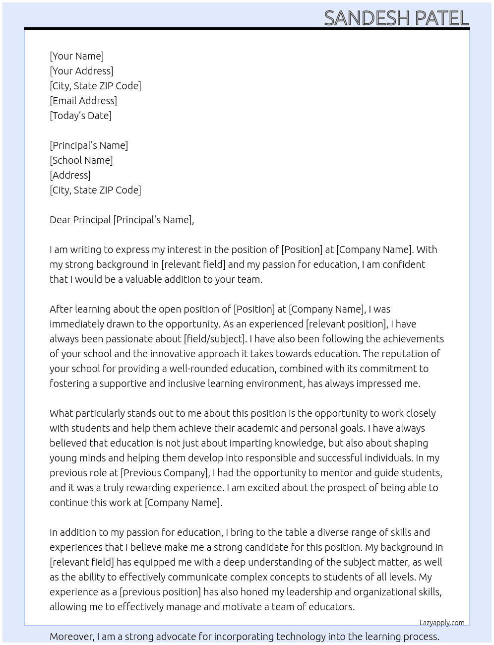 report by mistake  At Sandesh patel Cover Letter