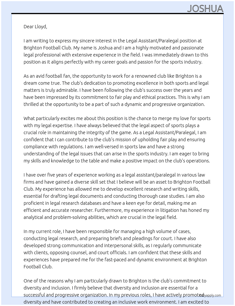 Legal assistant/paralegal  At Brighton football club  Cover Letter