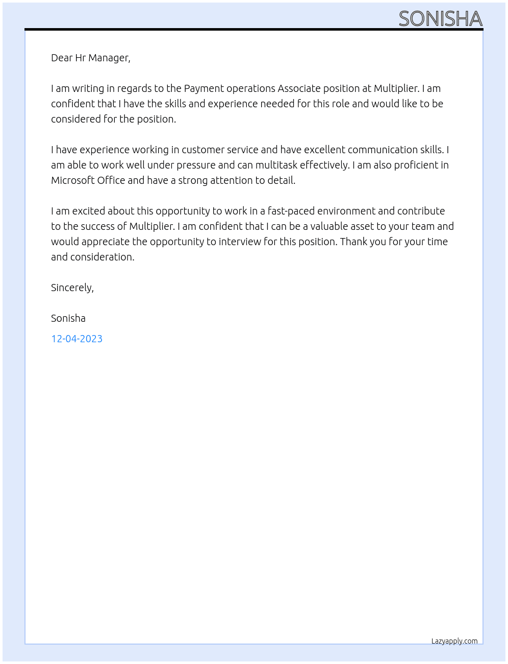 Payment operations Associate At Multiplier Cover Letter