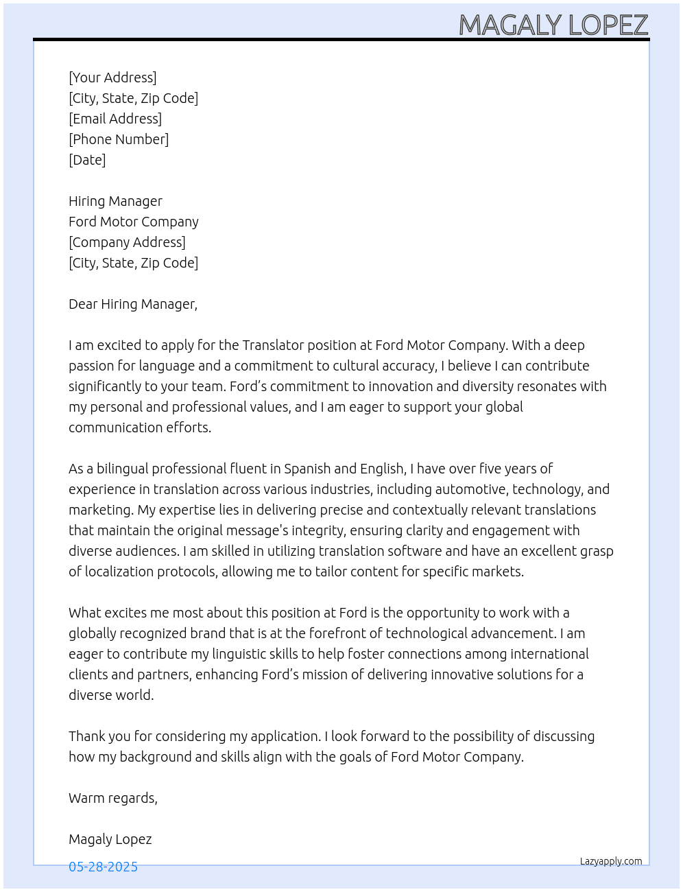 Translator At Ford Motor Company Cover Letter
