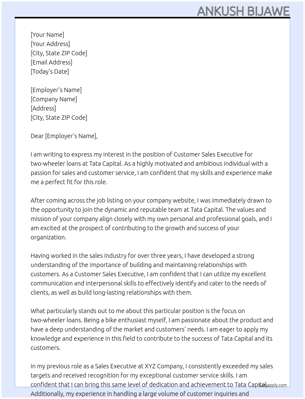 Cover letter for customer sales executive - two whileer loans - LazyApply