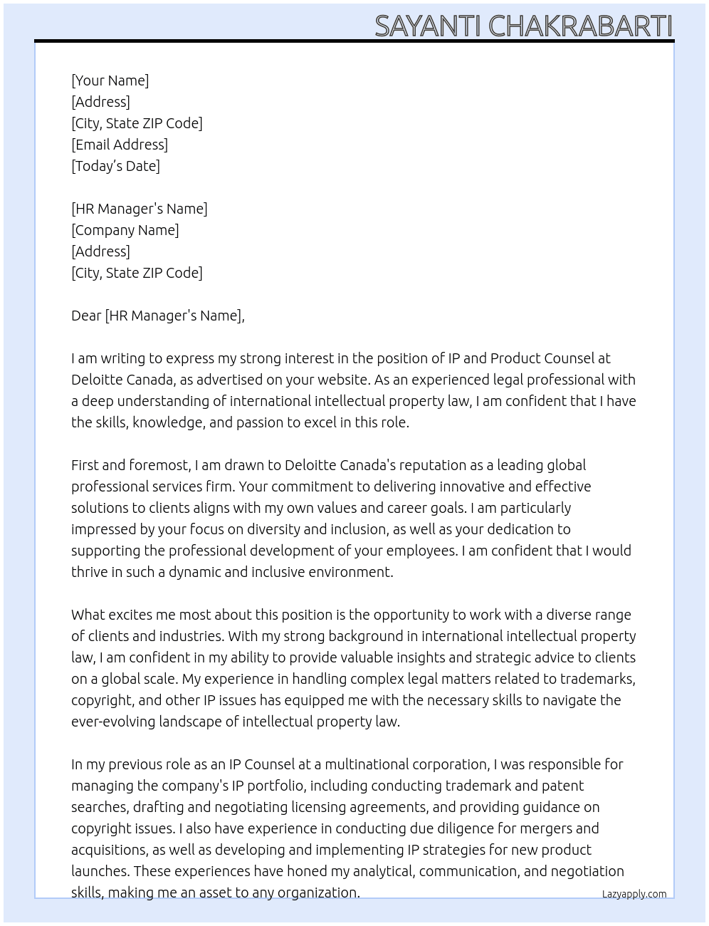 IP and Product Counsel At Deloitte Canada Cover Letter