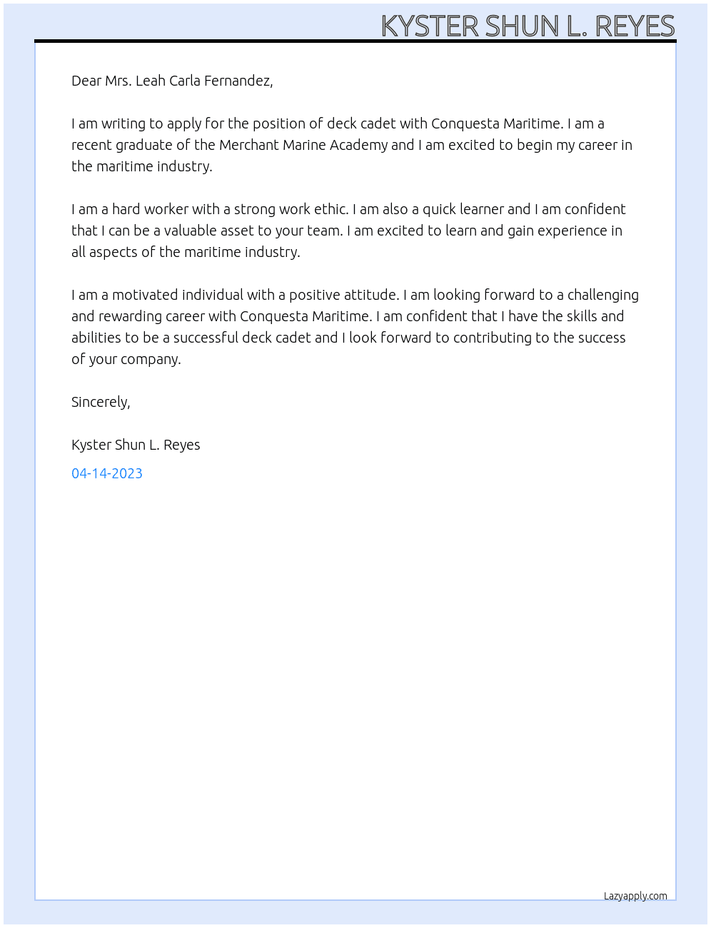 Deck Cadet At Conquesta Maritime Cover Letter