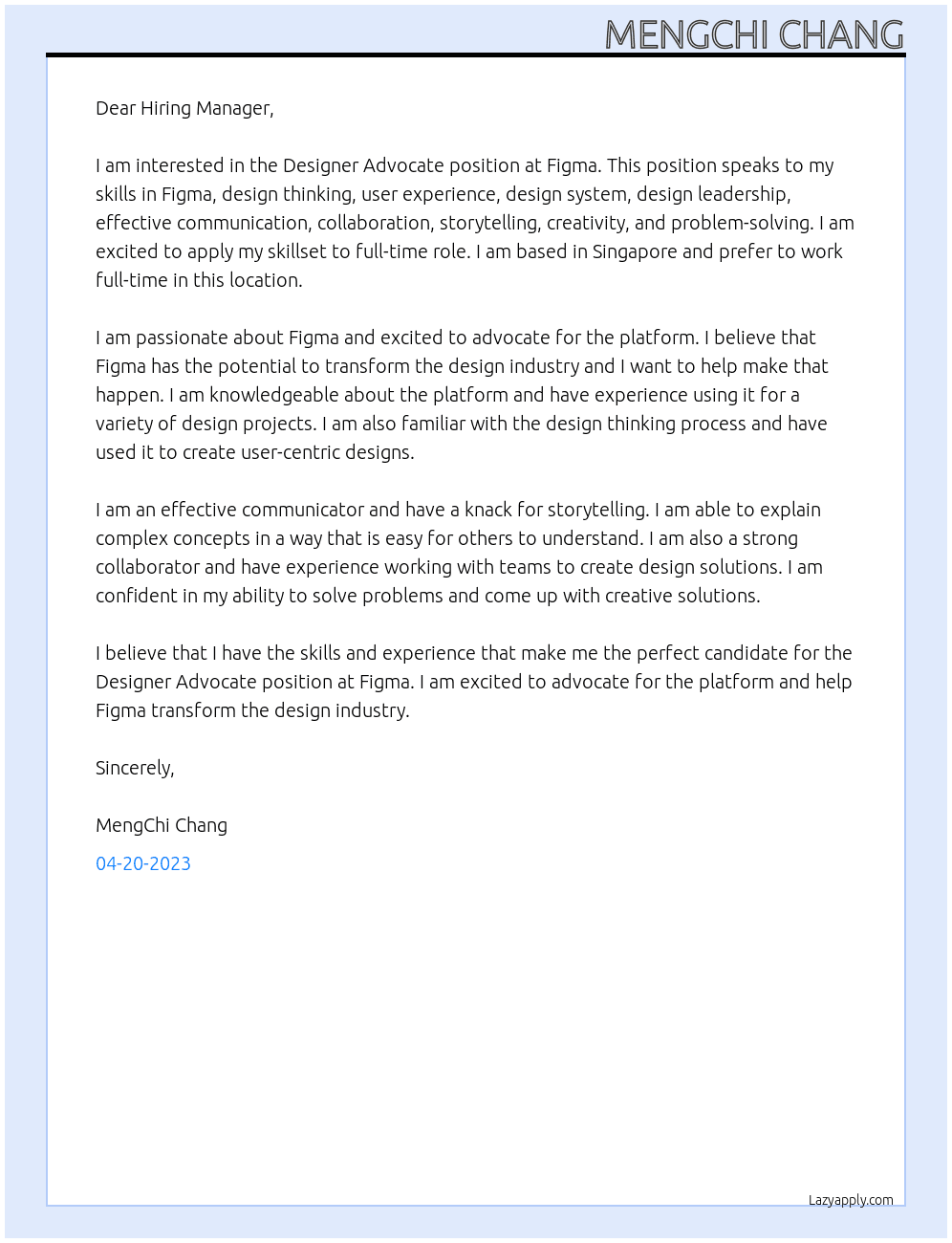 Designer Advocate At Figma Cover Letter