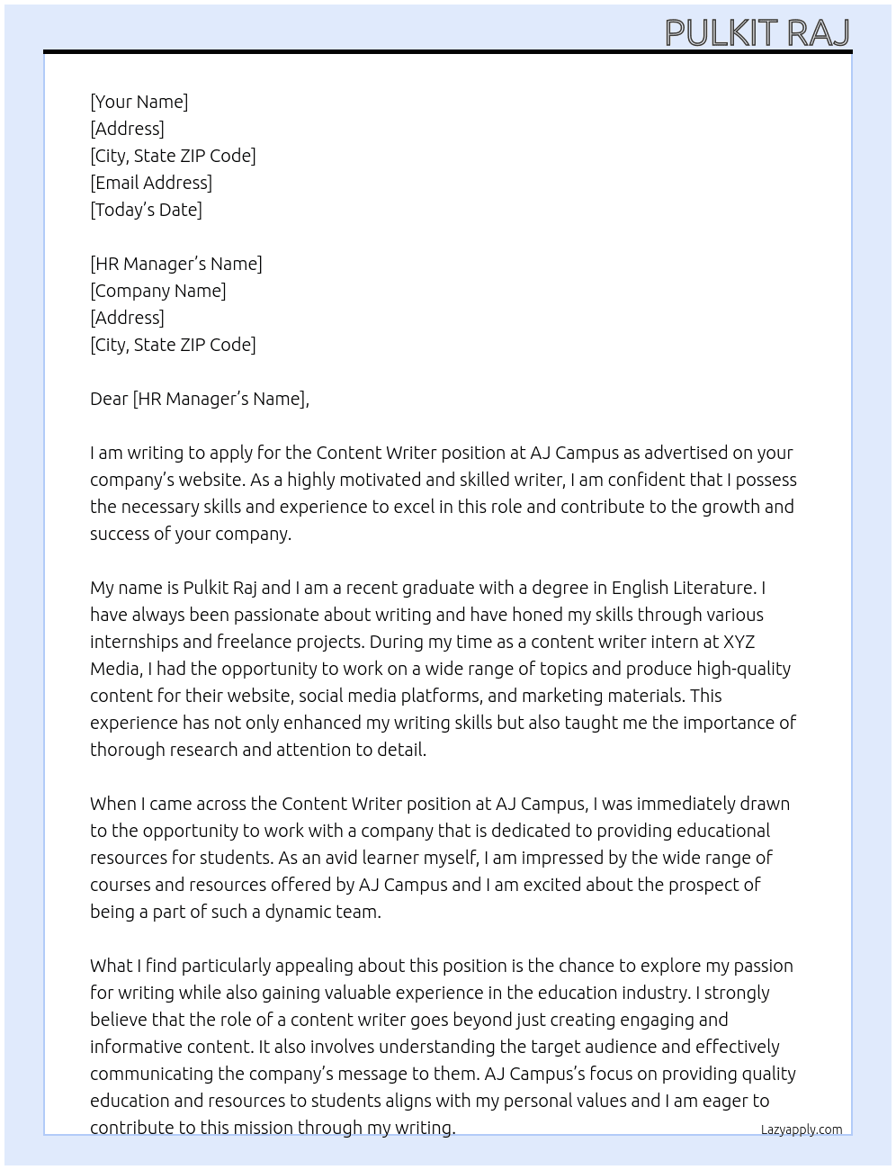 Content writer At AJ CAMPUS Cover Letter