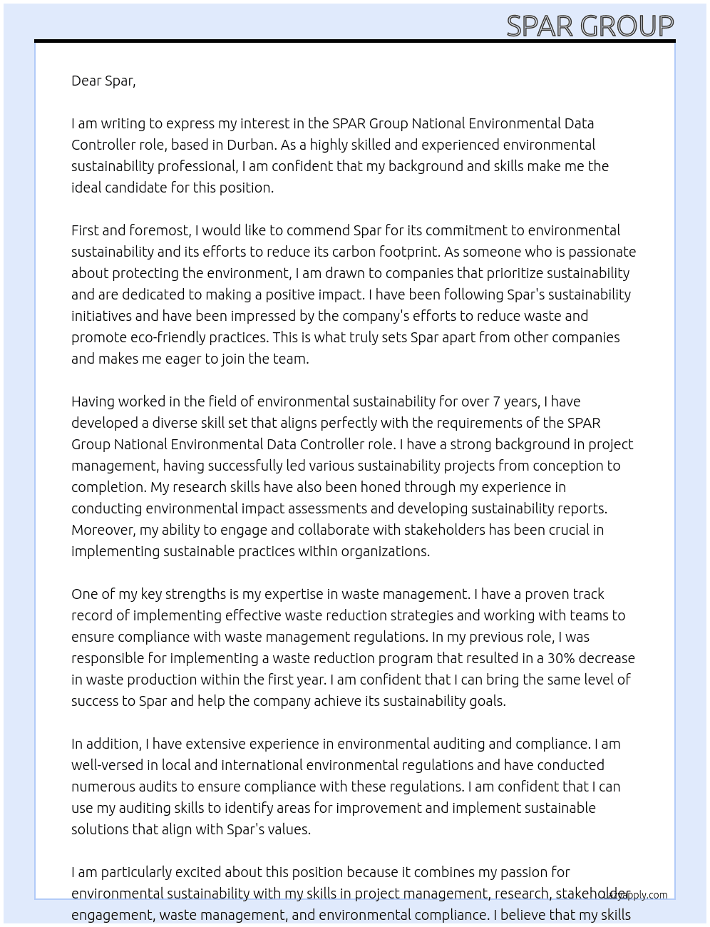 environmental sustainability function by monitoring and reporting  At Spar Cover Letter