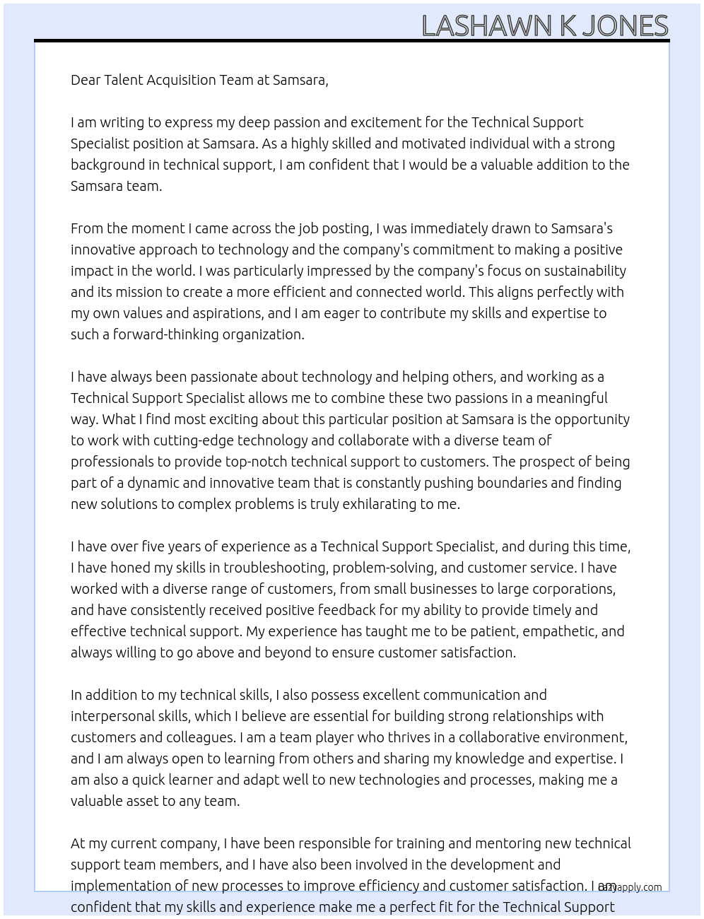 Technical Support Specialist At Samsara Cover Letter