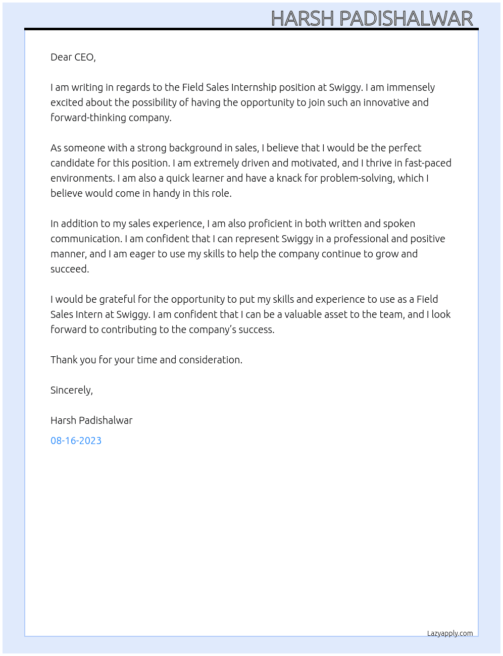 Field Sales Internship  At Swiggy  Cover Letter