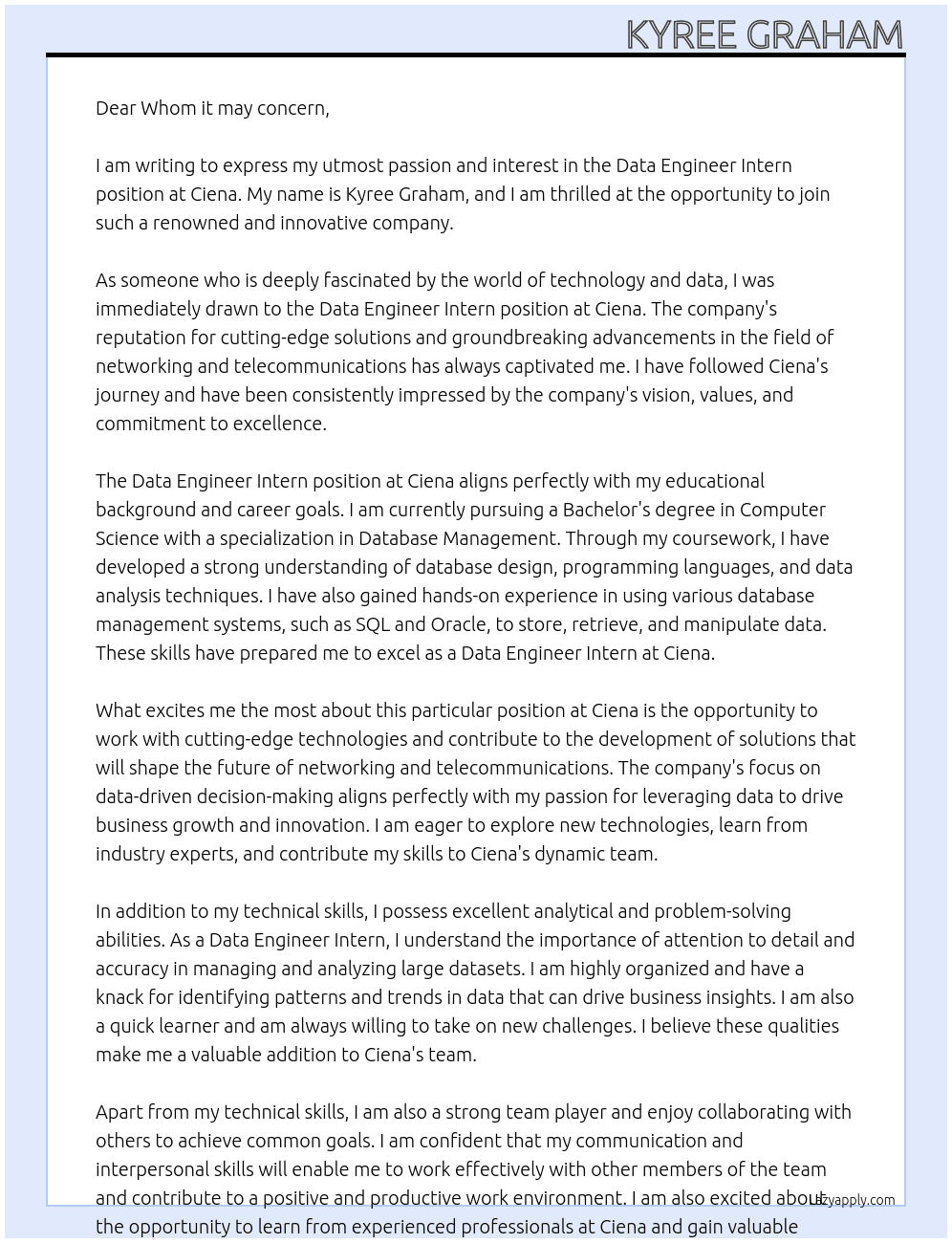 Data engineer intern At Ciena Cover Letter