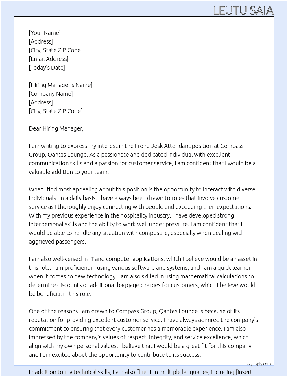 Front Desk Attendant  At Compass Group, Qantas Lounge Cover Letter