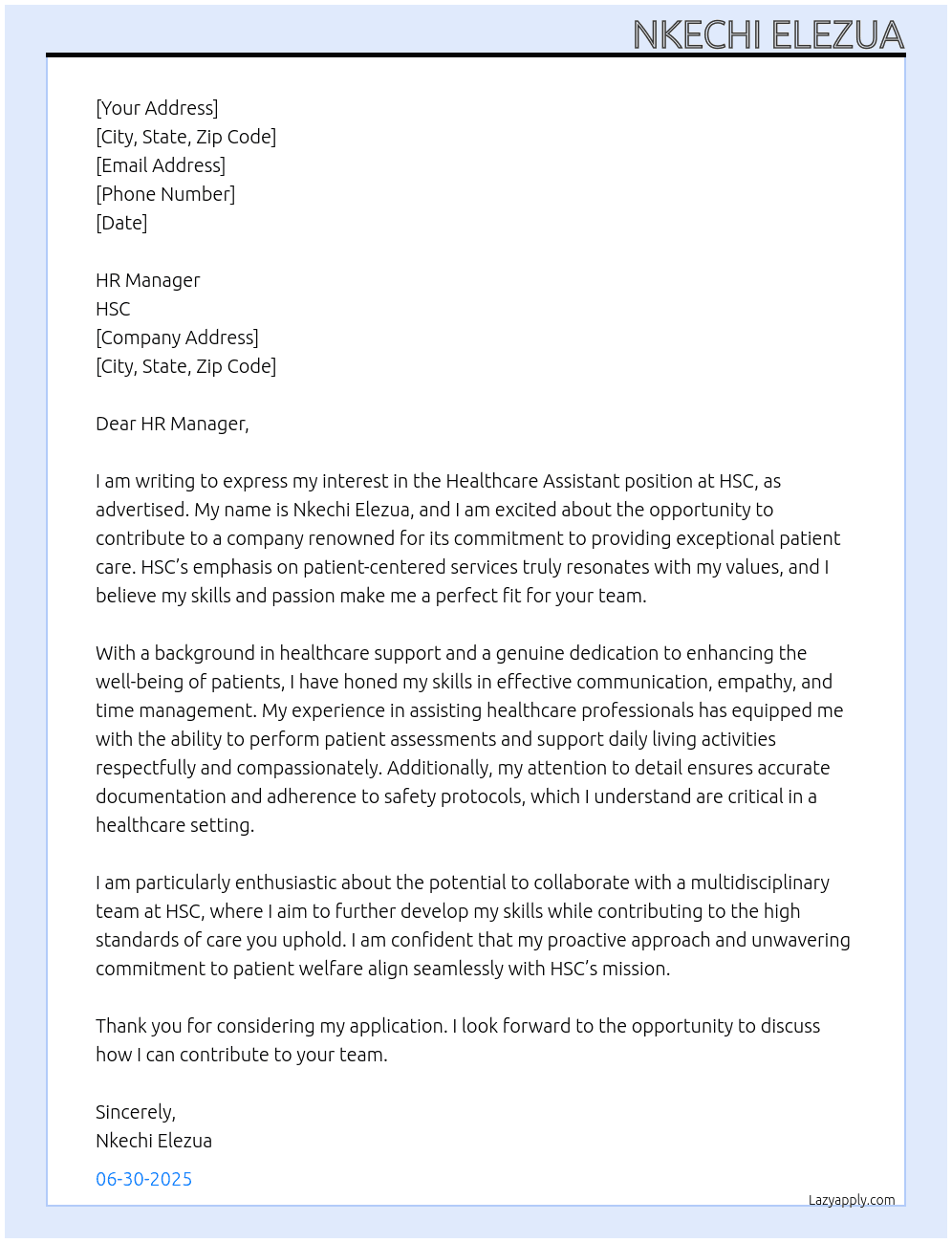 Healthcare Assistnt At HSC Cover Letter