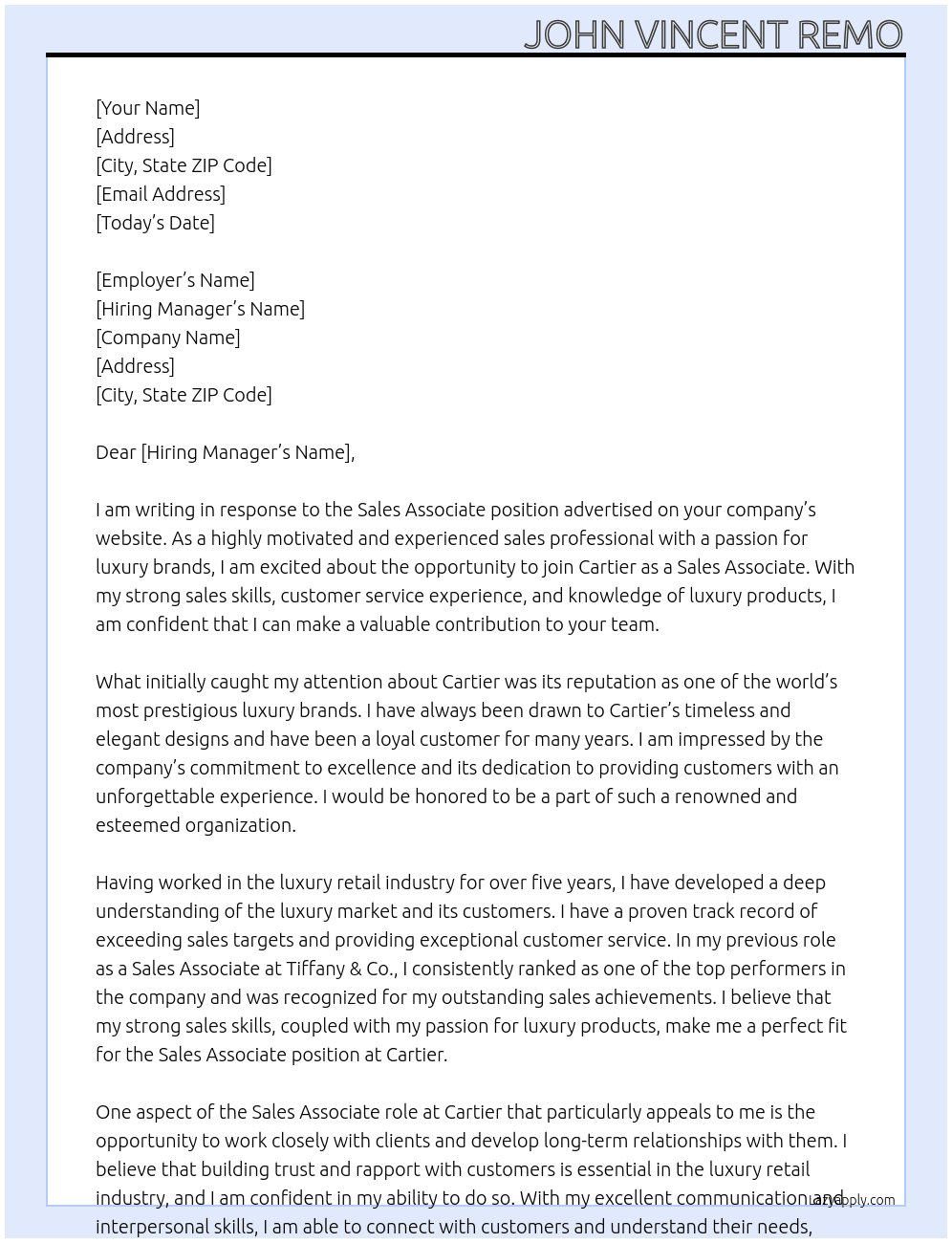 Sales associate At Cartier Cover Letter
