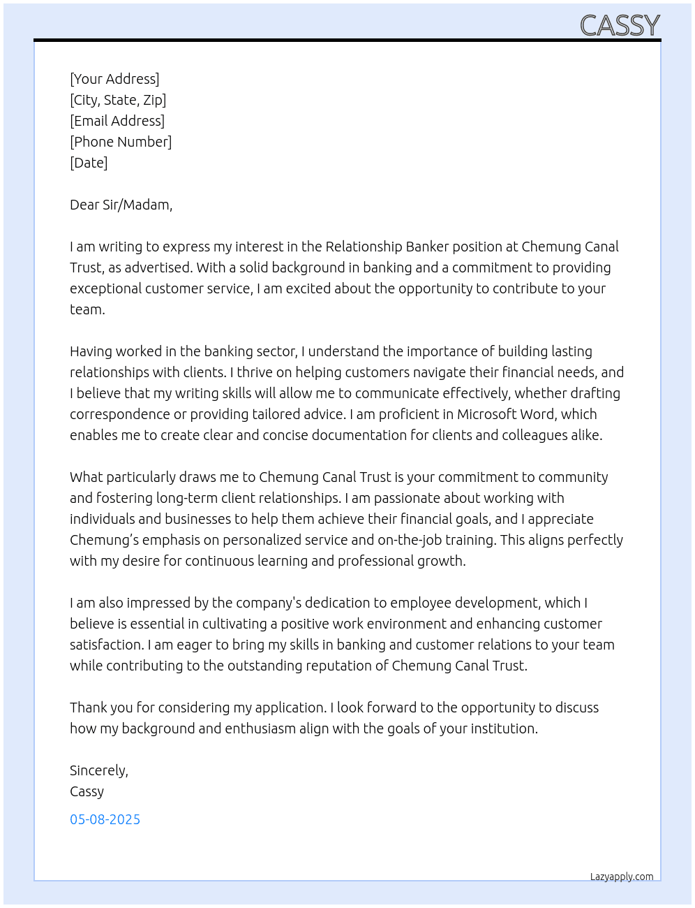 Relationship Banker At Chemung Canal Trust Cover Letter