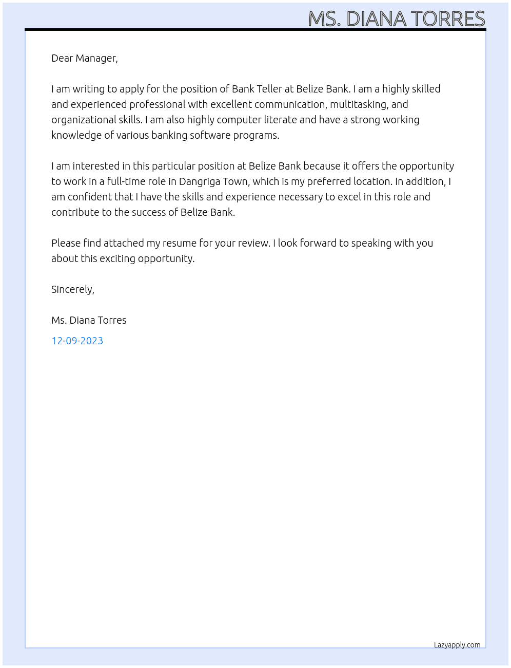 Bank Teller At Belize Bank Cover Letter