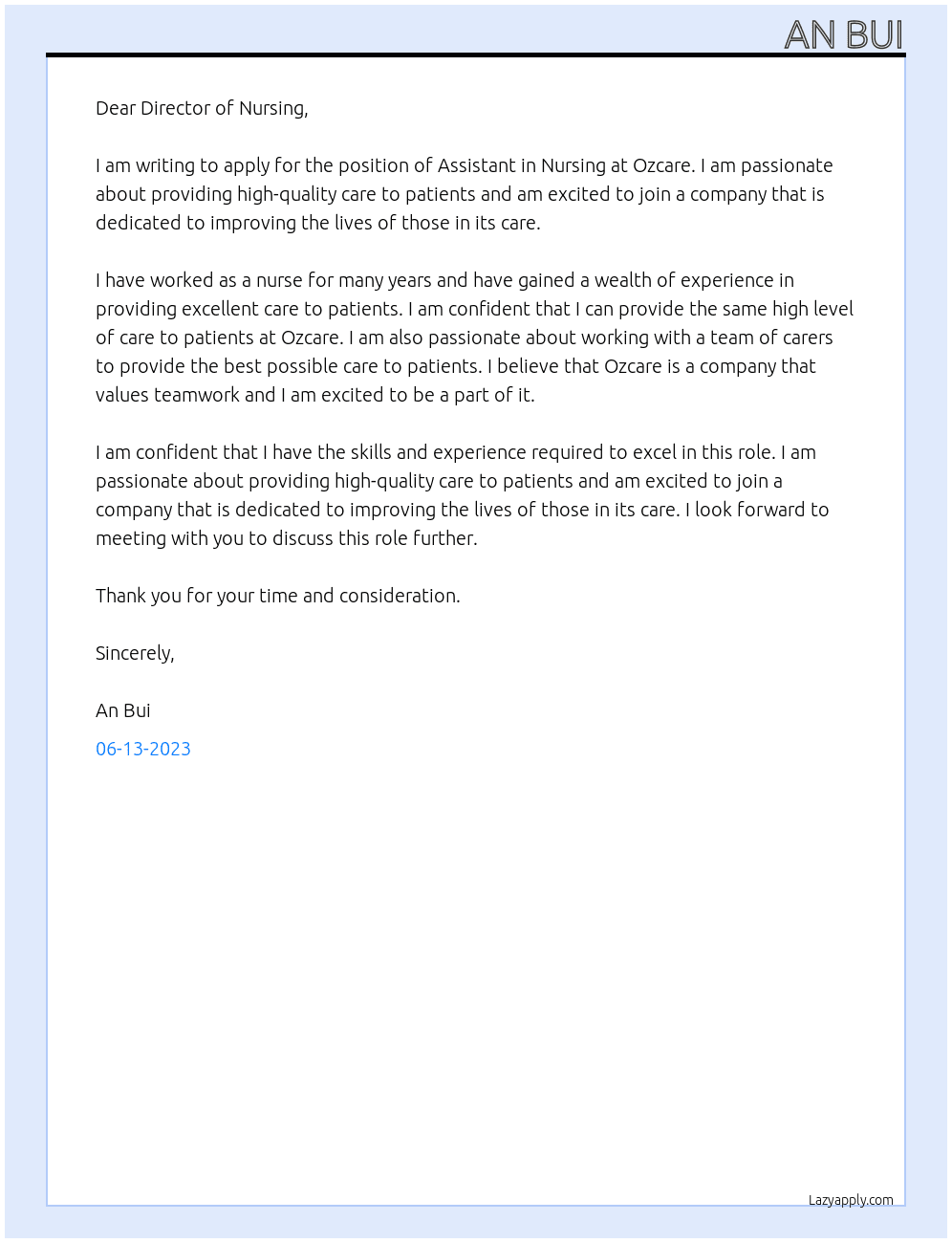 Assistant in Nursing At Ozcare Cover Letter