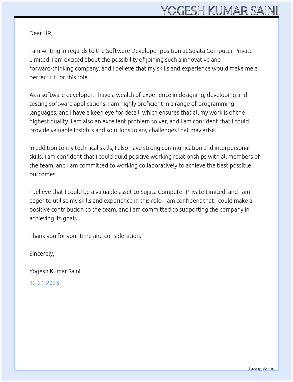 Software Developer At Sujata computer private limited Cover Letter