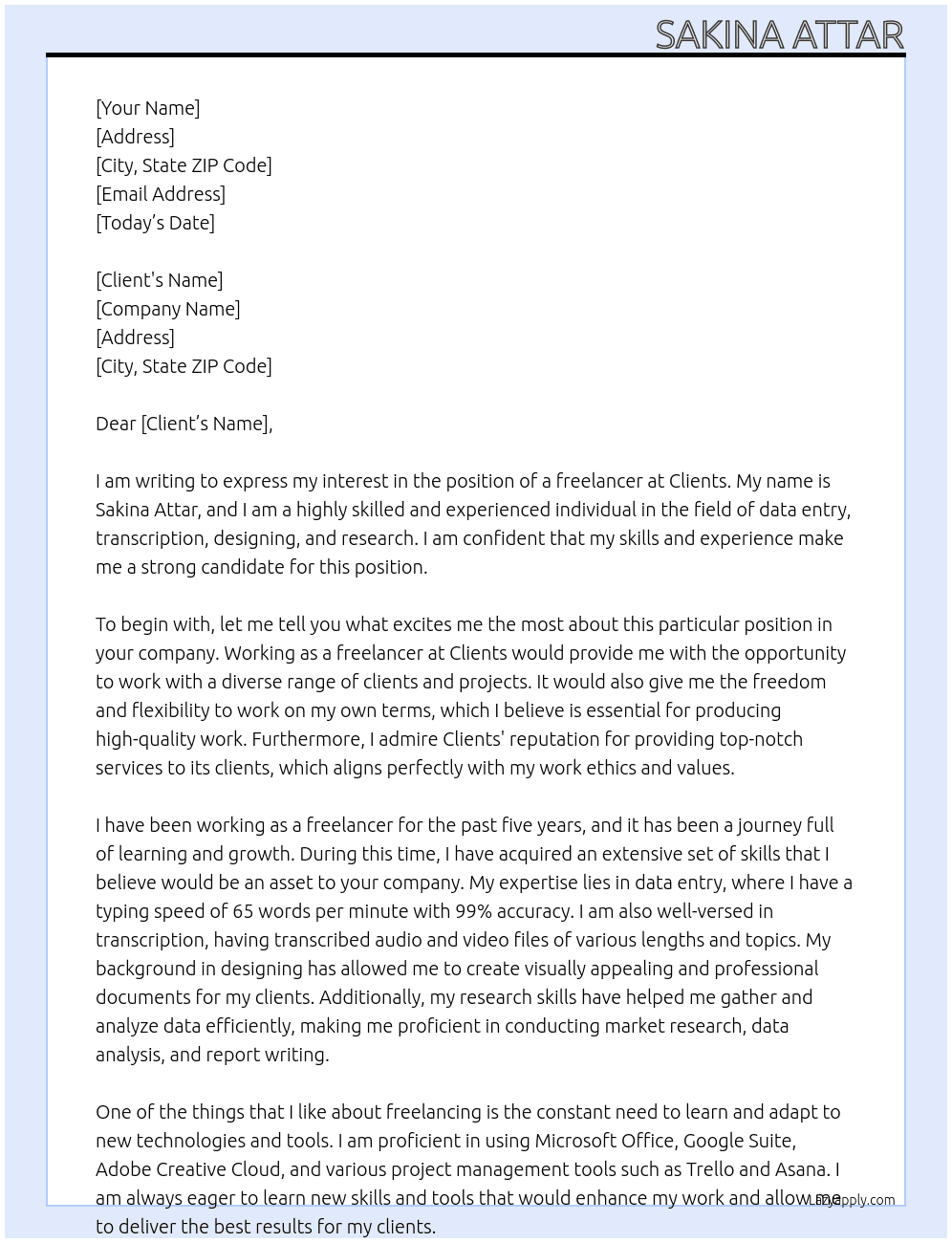 Free lancer At Clients Cover Letter