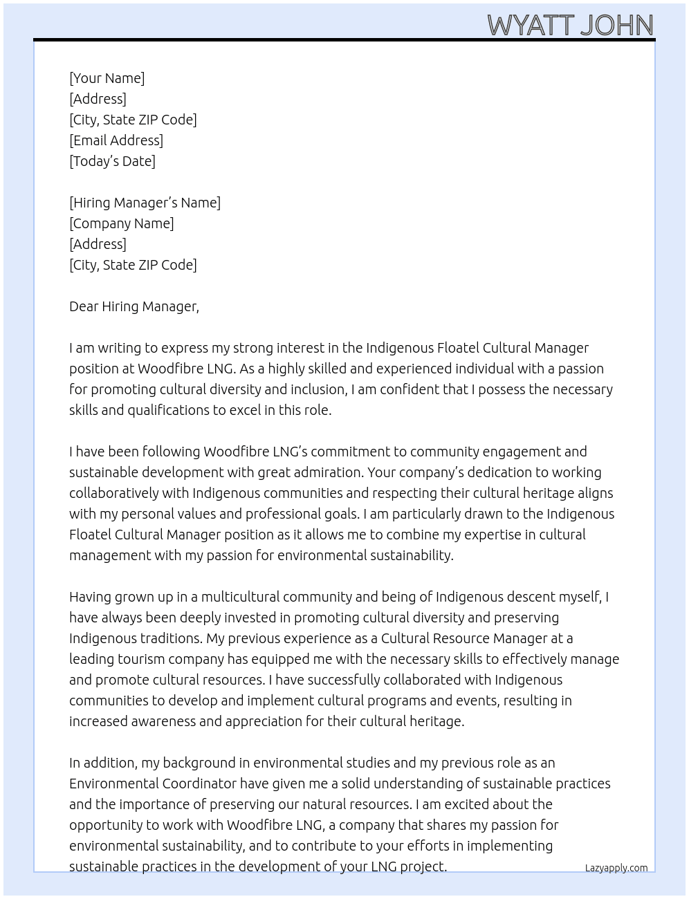Indigenous Floatel Cultural Manager At Woodfibre LNG Cover Letter