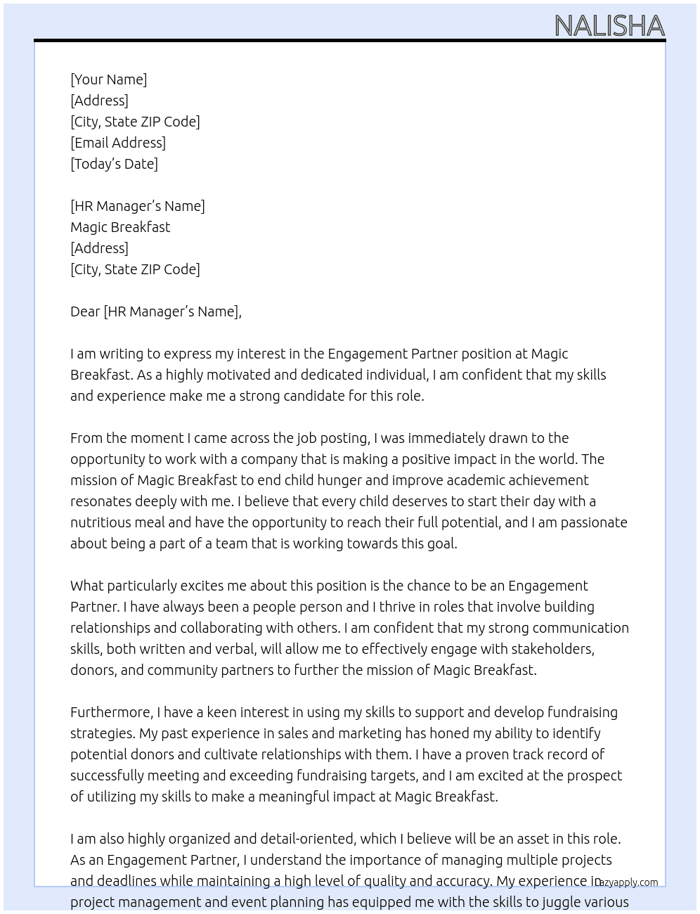Engagement partner At Magic breakfast Cover Letter