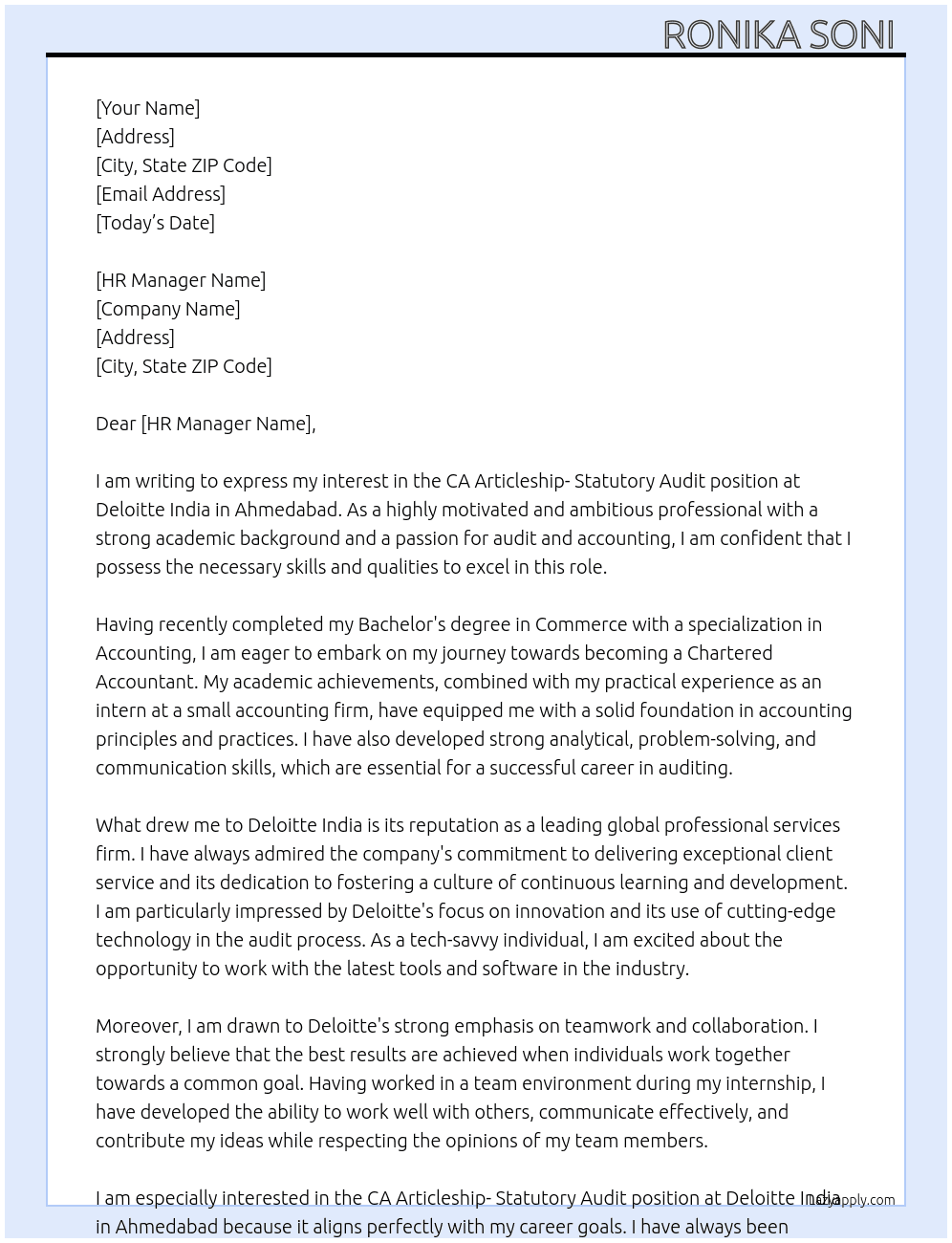 Cover letter for ca articleship statutory audit - LazyApply
