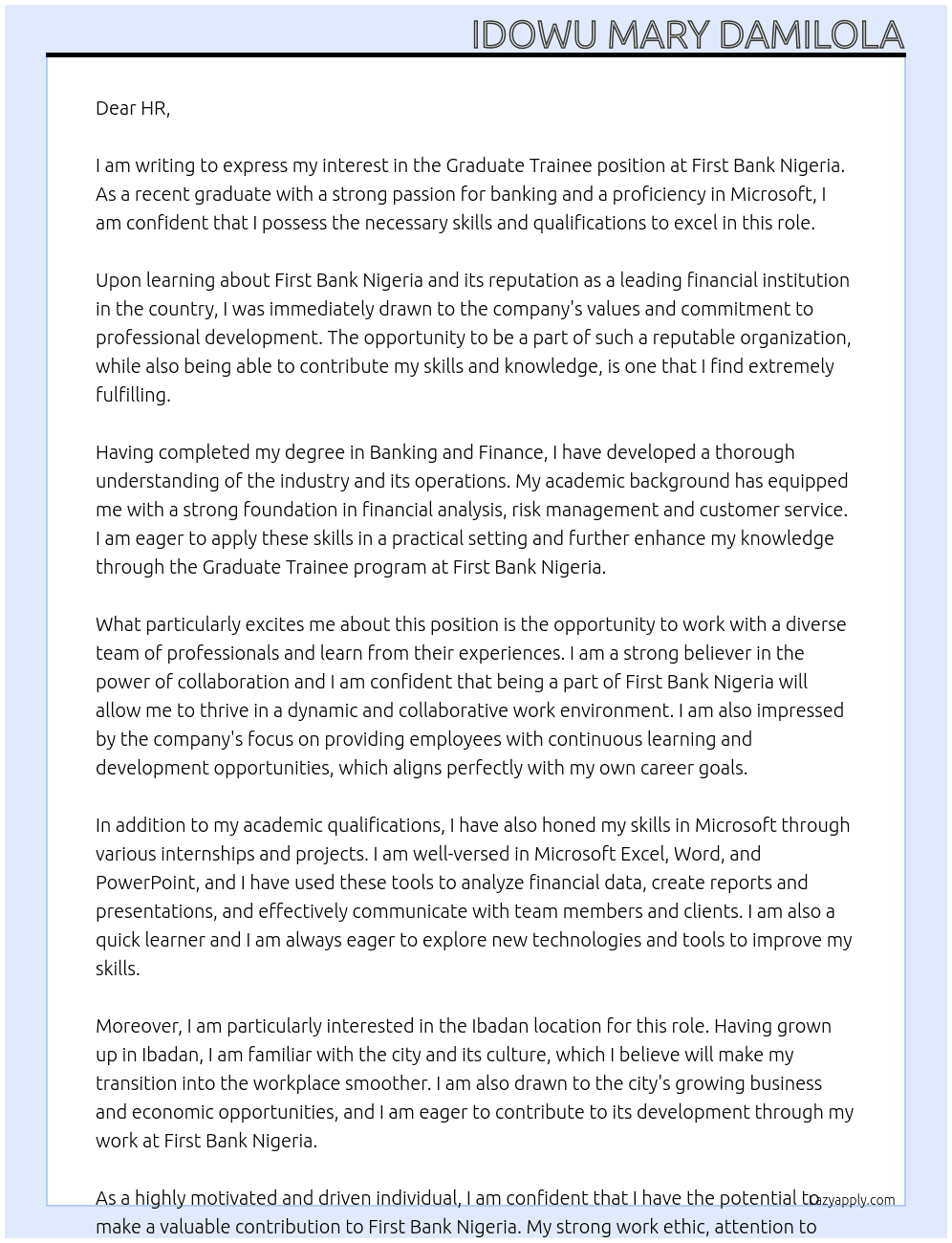 Graduate Trainee At First Bank Nigeria Cover Letter