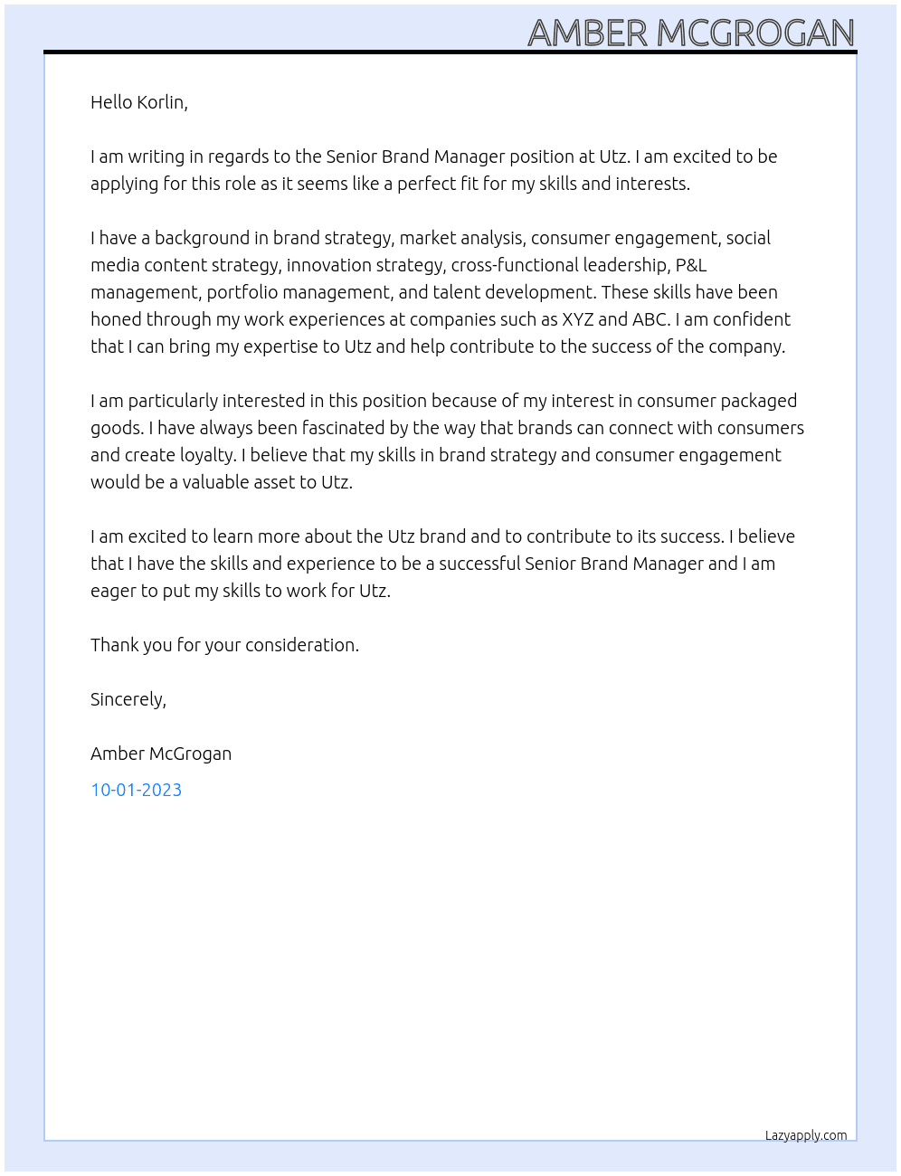 Senior Brand Manager At Utz Cover Letter