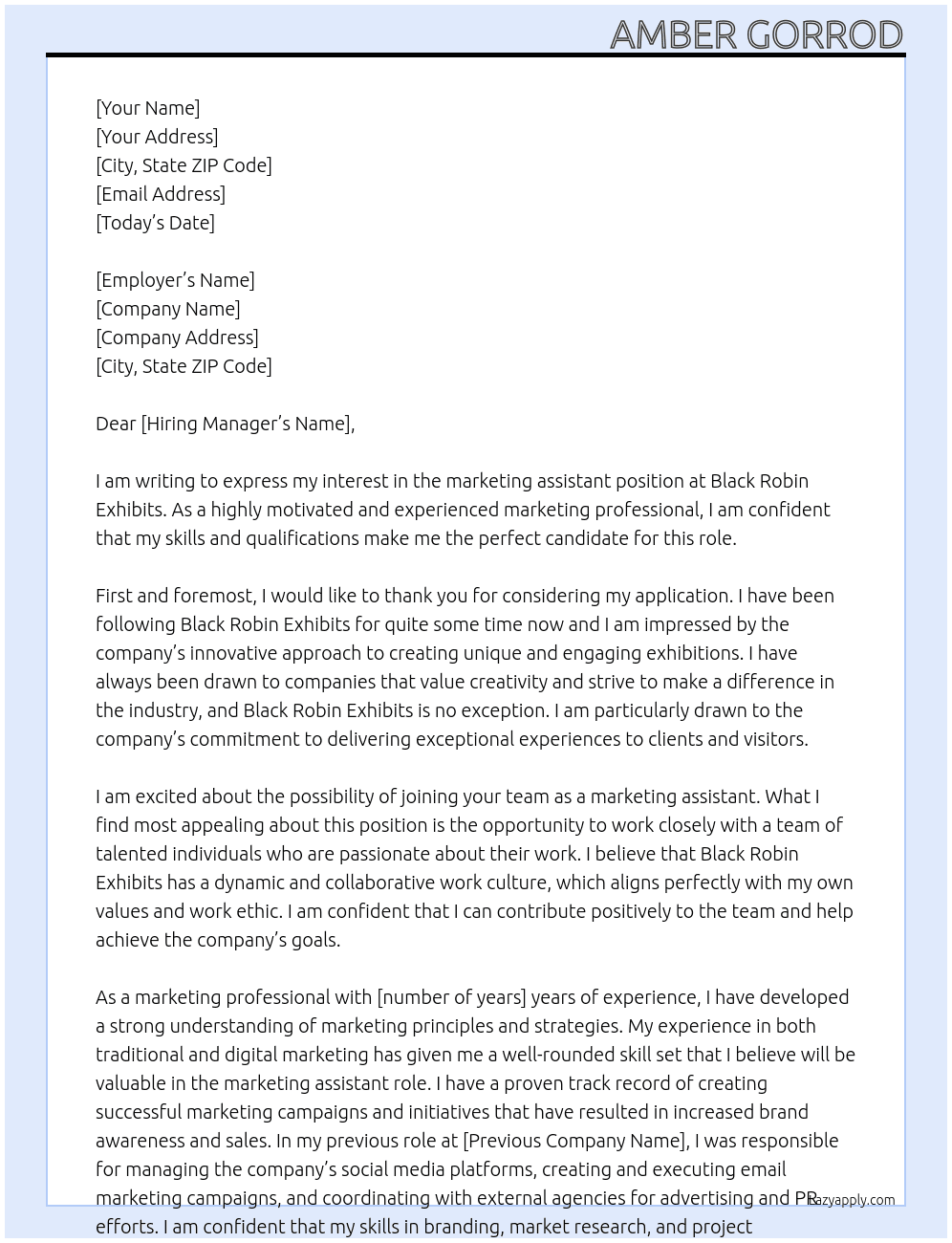 marketing assistant  At black robin exhibits Cover Letter