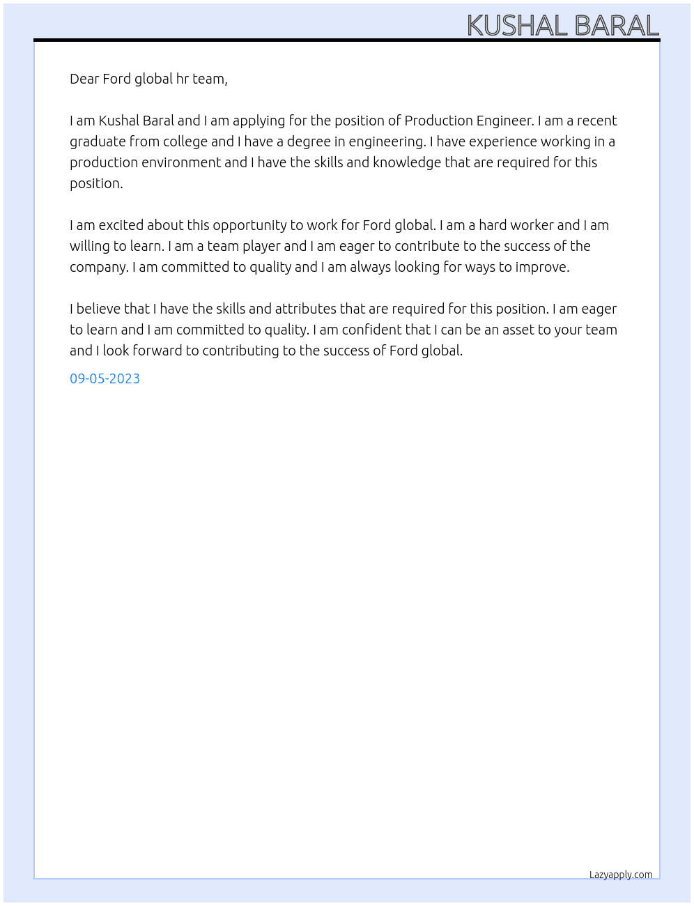 Production Engineer  At Ford global  Cover Letter
