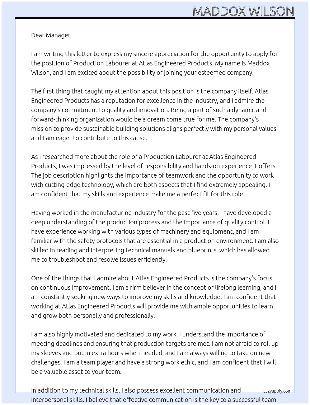 Production Labourer At Atlas Engineered Products Cover Letter