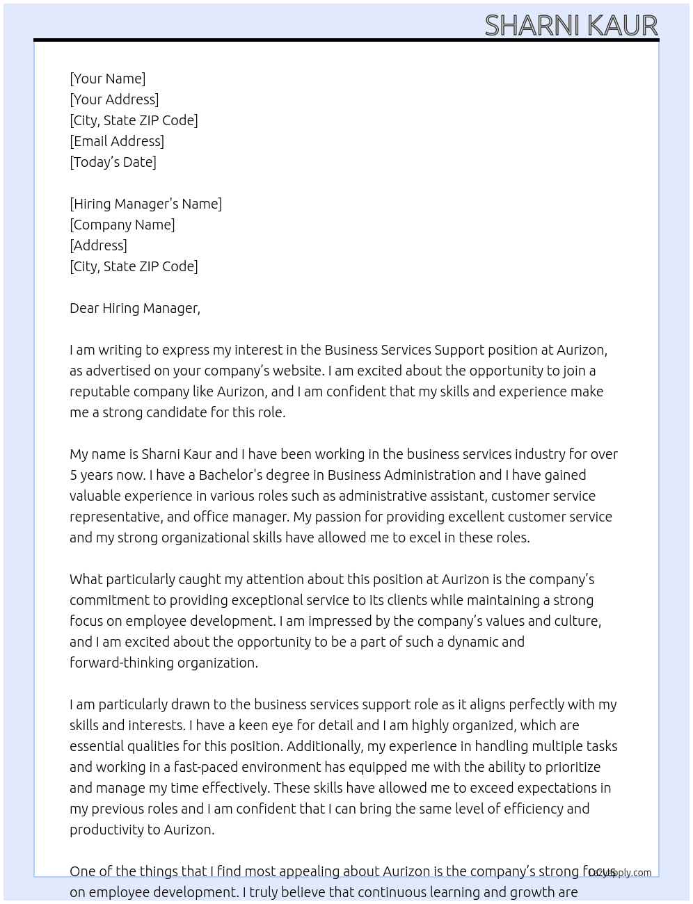 Business Services Support At Aurizon Cover Letter