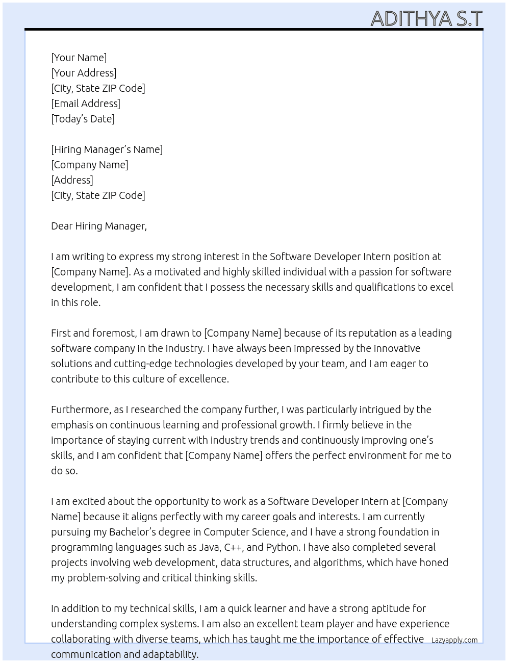 Software Developer Intern At Software Engineer Intern Cover Letter