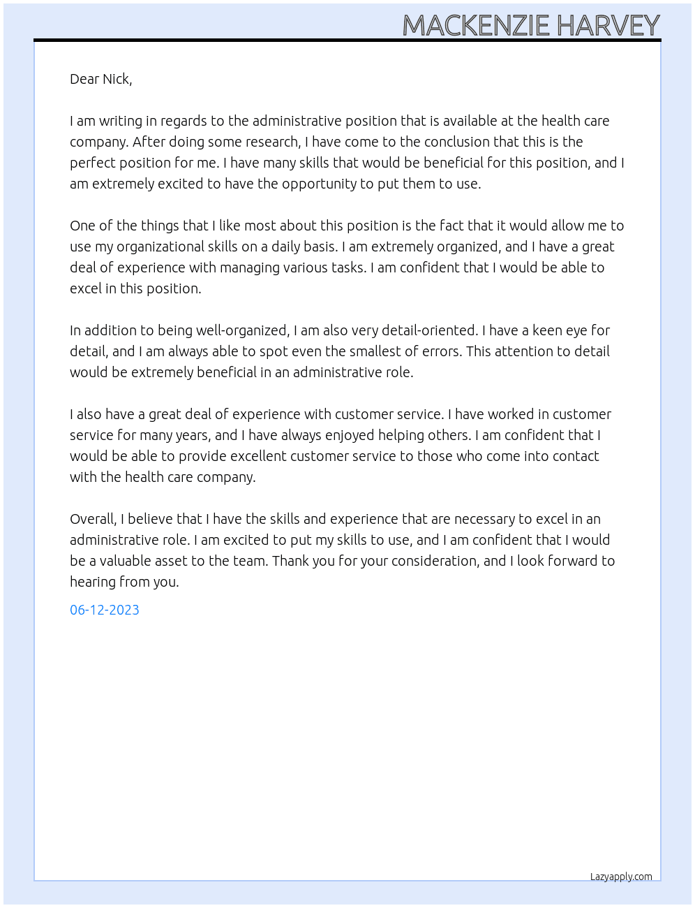 administrative  At health care Cover Letter