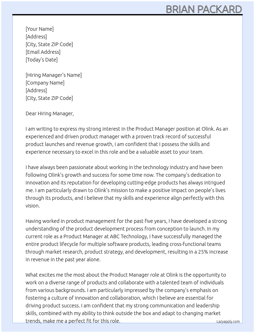 Product Manager At Olink Cover Letter