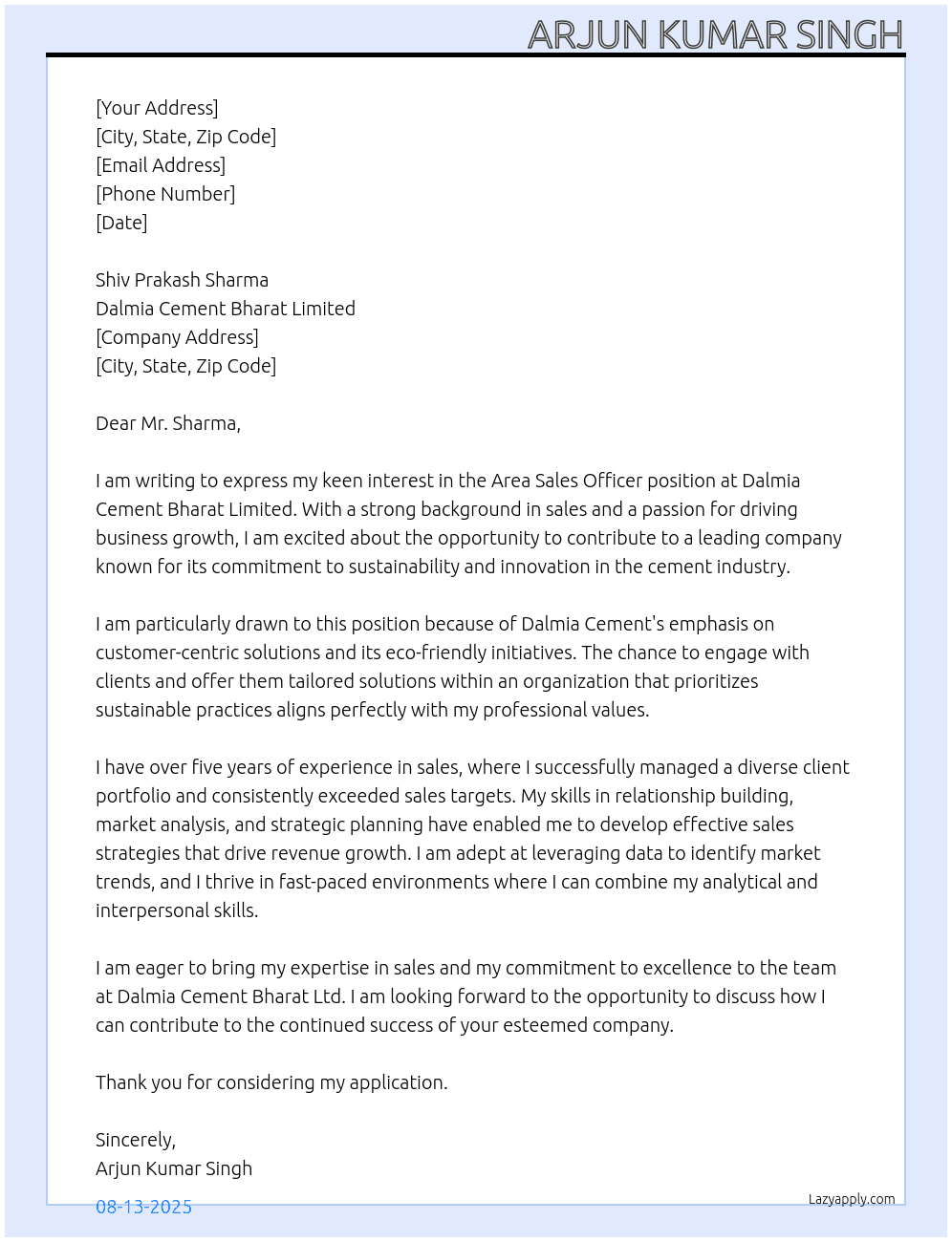 Cover letter for area sales officer - LazyApply