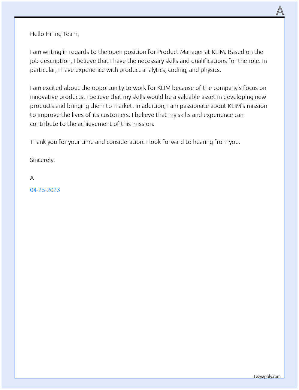 Product Manager At KLIM Cover Letter