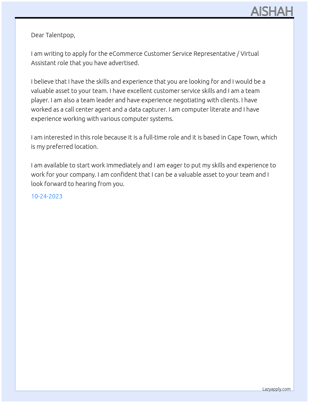 eCommerce Customer Service Representative / Virtual Assistant  At Talentpop Cover Letter
