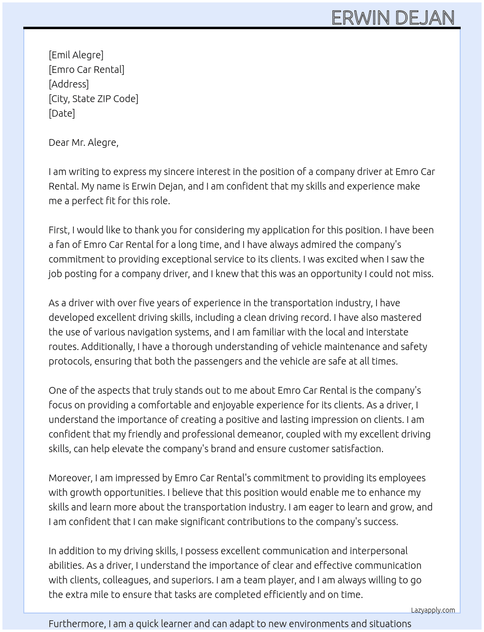 company driver  At Emro car rental  Cover Letter
