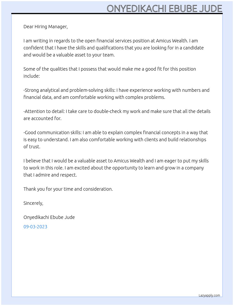 financial services  At Amicus Wealth Cover Letter