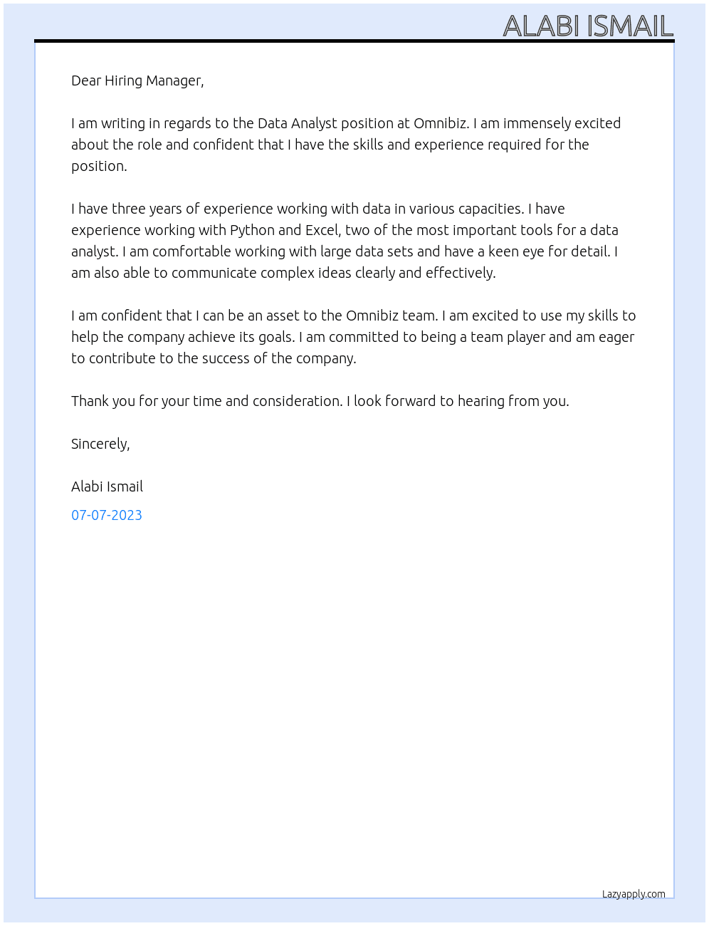Data Analyst At Omnibiz Cover Letter
